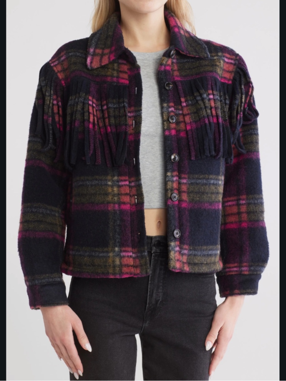 Vigoss Plaid Fringe Shacket